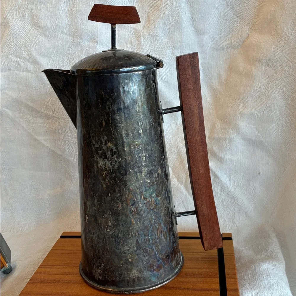 Silver-plated Coffee or Tea Pot + Teak Cheese Board hammered texture wood handle